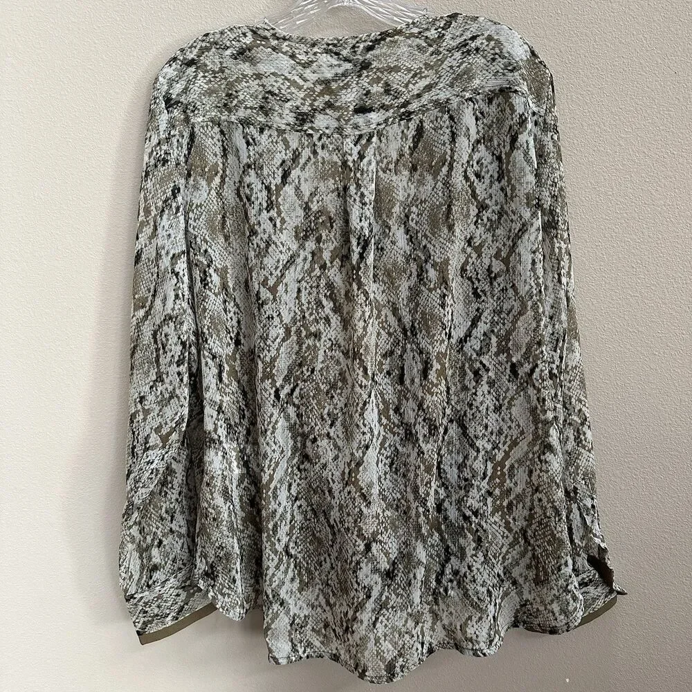 DKNY Top Women's XL Brown Snake Print Faux-Wrap Long Sleeve Semi Sheer Career - Picture 10 of 11